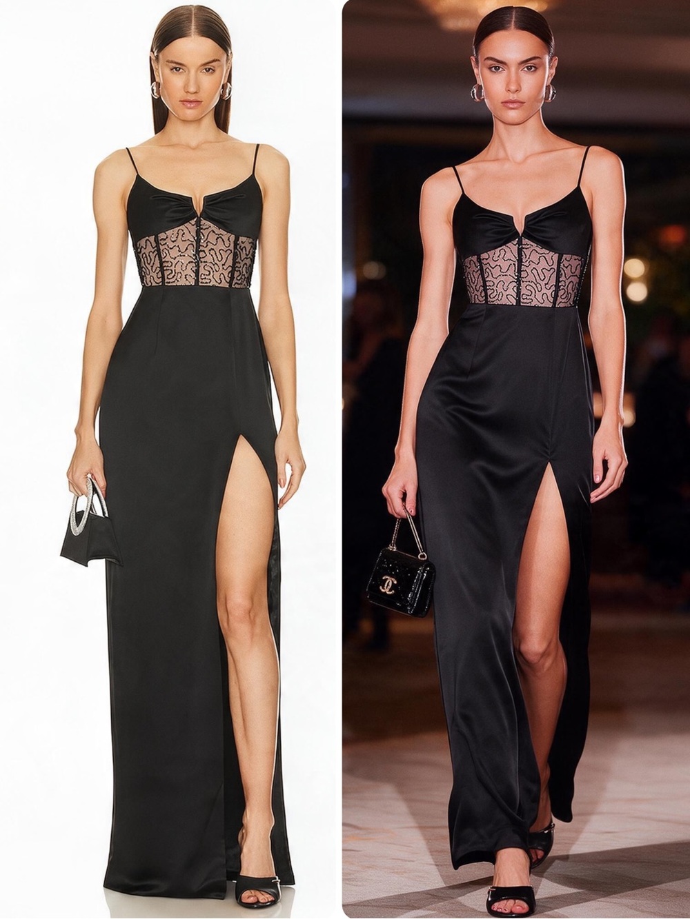 SAU LEE Isobel Black Lace Embellished Bodice Front Slit Maxi Gown Dress NWT $595